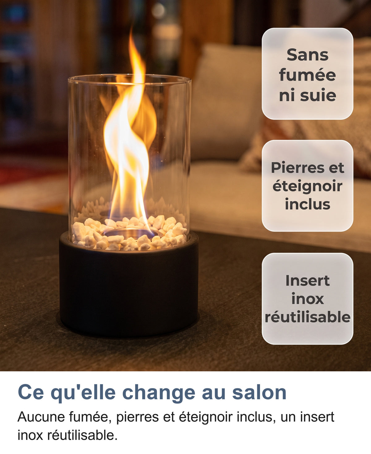 Cheminée de table allumée : sans fumée ni suie, pierres et éteignoir inclus, insert inox réutilisable