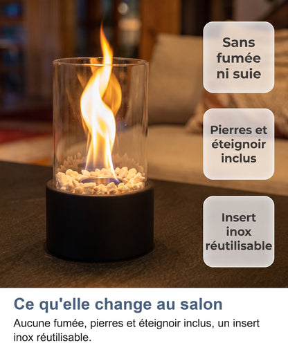 Cheminée de table allumée : sans fumée ni suie, pierres et éteignoir inclus, insert inox réutilisable