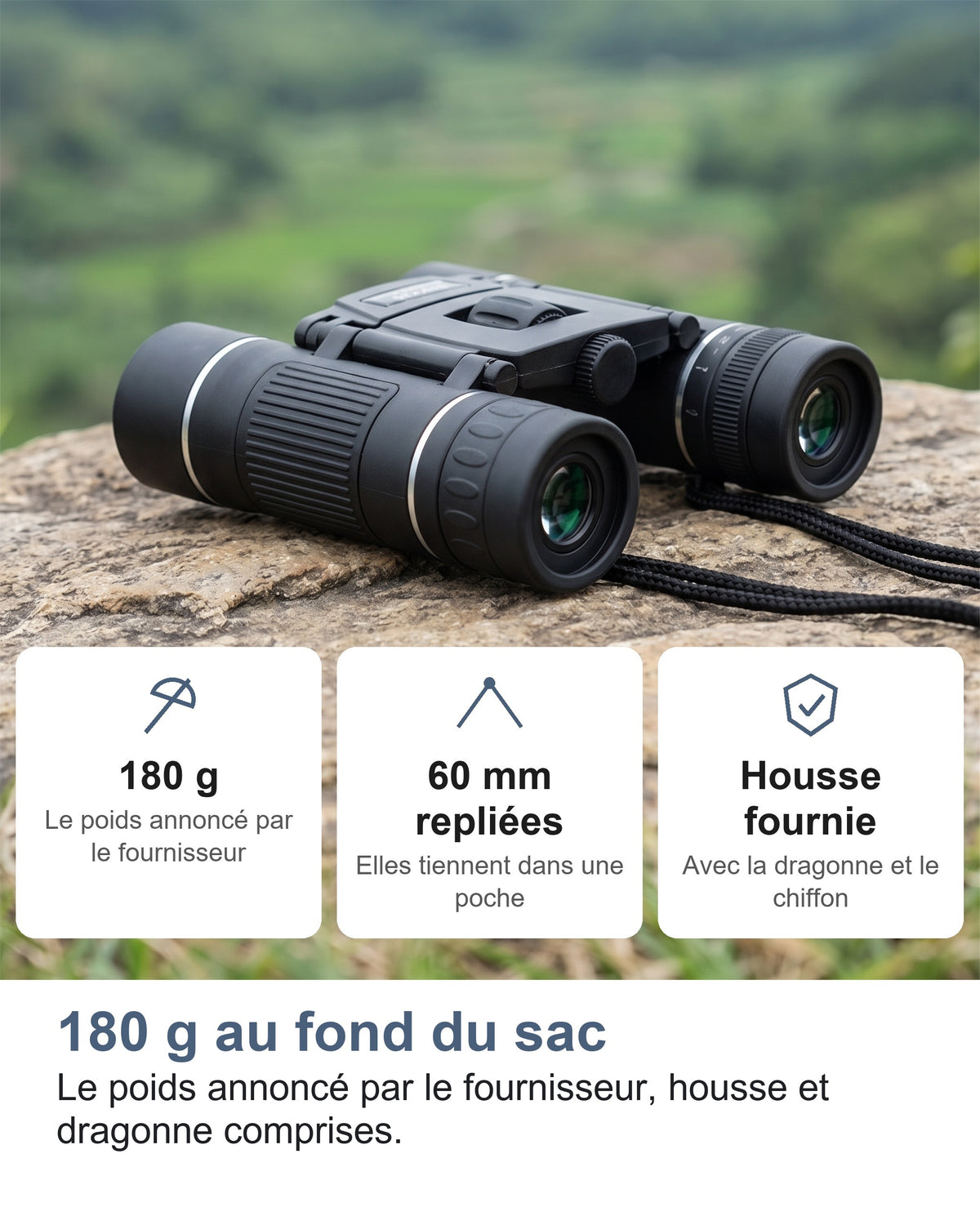 180 g au fond du sac. Le poids annoncé par le fournisseur, housse et dragonne comprises.