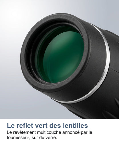 Le reflet vert des lentilles. Le revêtement multicouche annoncé par le fournisseur, sur du verre.