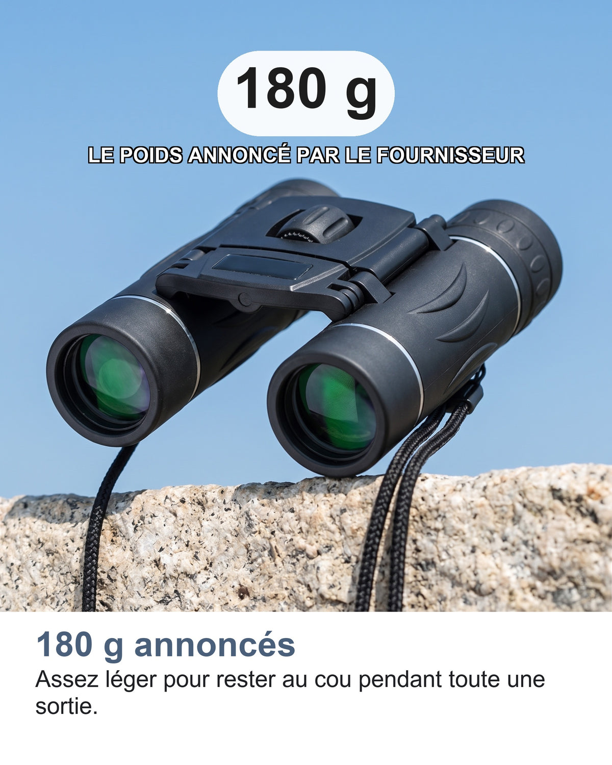 180 g annoncés. Assez léger pour rester au cou pendant toute une sortie.