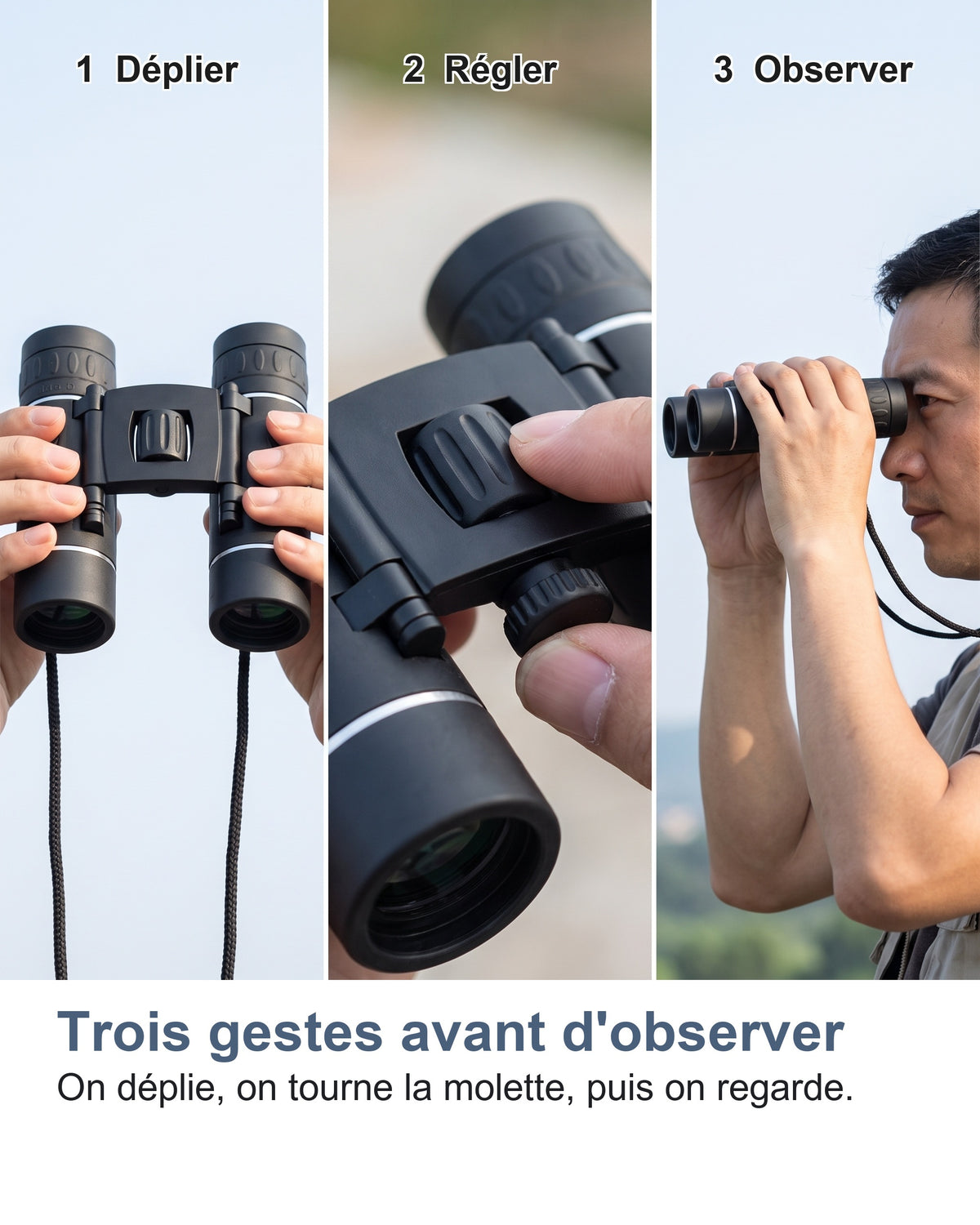 Trois gestes avant d'observer. On déplie, on tourne la molette, puis on regarde.
