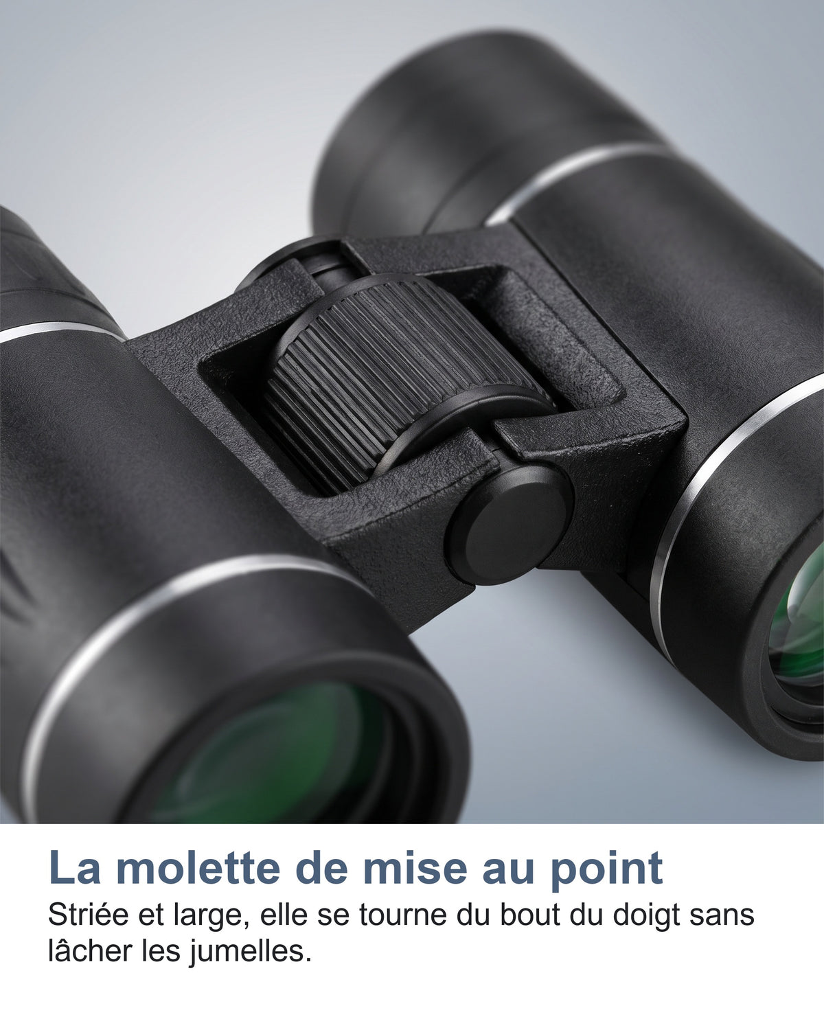La molette de mise au point. Striée et large, elle se tourne du bout du doigt sans lâcher les jumelles.