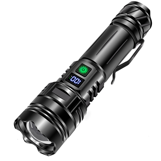 Lampe torche puissante rechargeable, tête zoomable et écran LCD