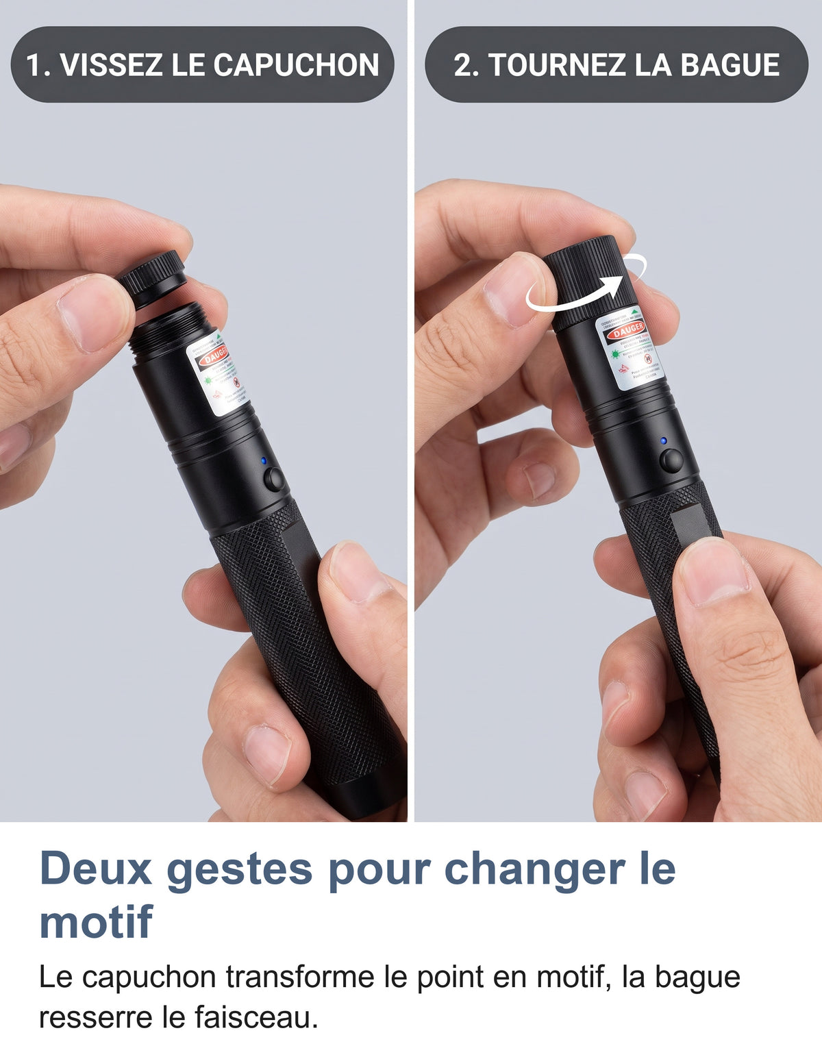 Deux gestes : visser le capuchon puis tourner la bague de mise au point
