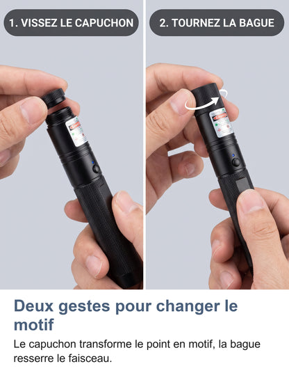 Deux gestes : visser le capuchon puis tourner la bague de mise au point
