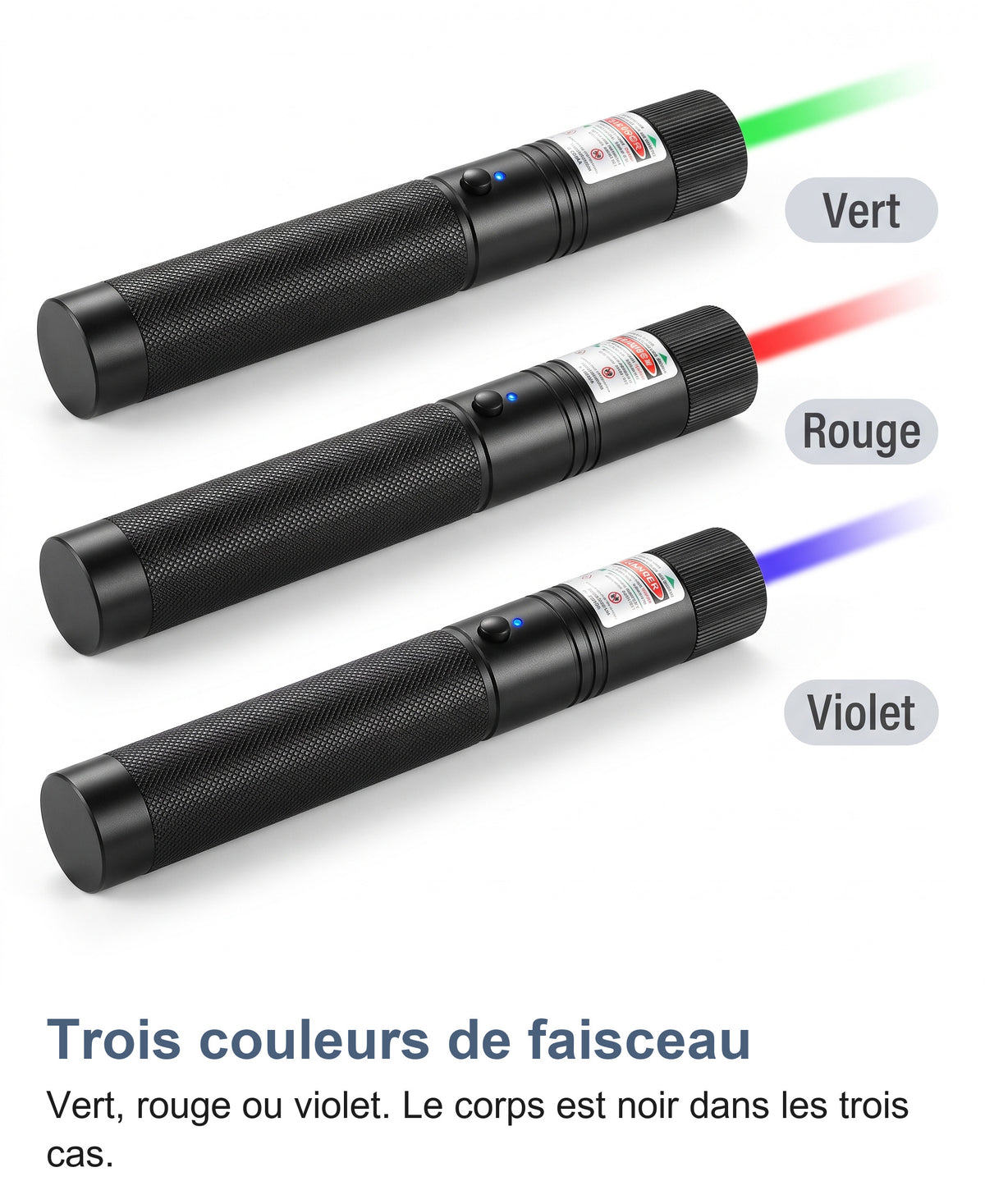 Les trois couleurs de faisceau du pointeur laser : vert, rouge et violet
