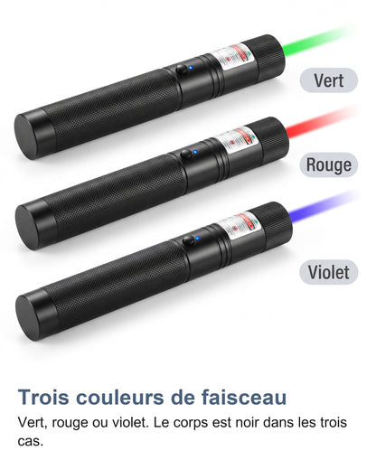Les trois couleurs de faisceau du pointeur laser : vert, rouge et violet