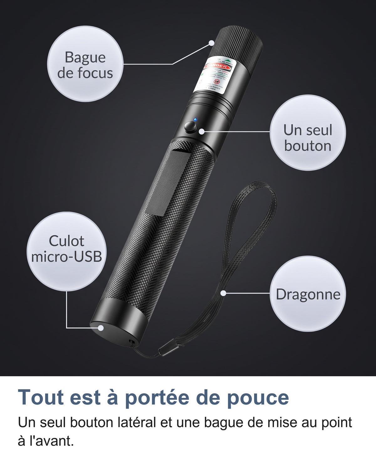 Pointeur laser légendé : bague de focus, un seul bouton, culot micro-USB et dragonne