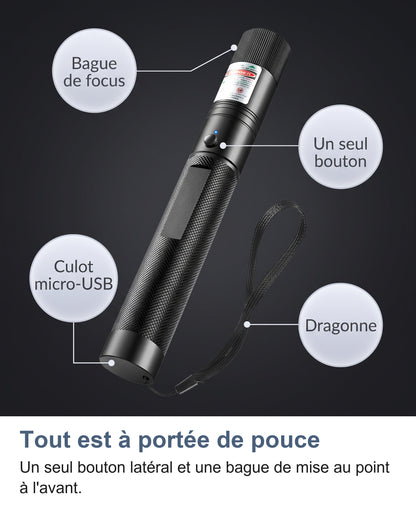 Pointeur laser légendé : bague de focus, un seul bouton, culot micro-USB et dragonne