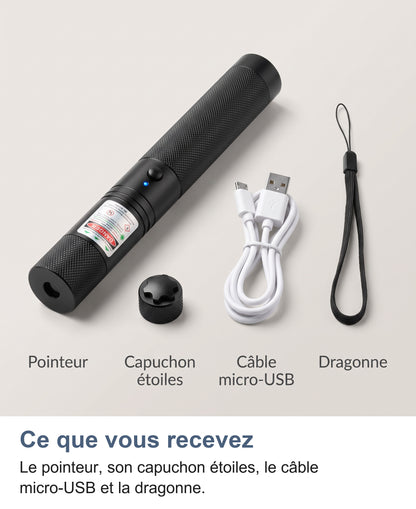 Contenu de la boîte : pointeur, capuchon étoiles, câble micro-USB et dragonne