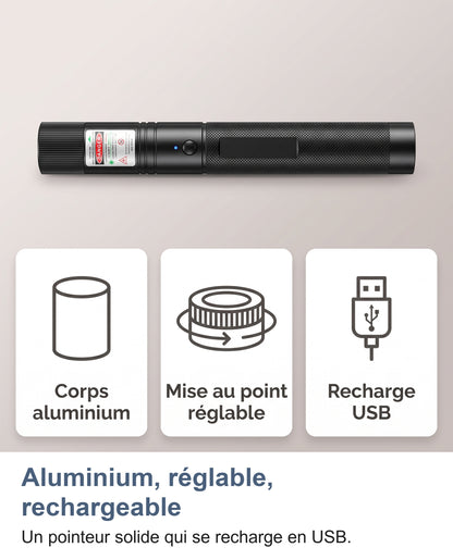 Pointeur laser et trois cartes : corps aluminium, mise au point réglable, recharge USB