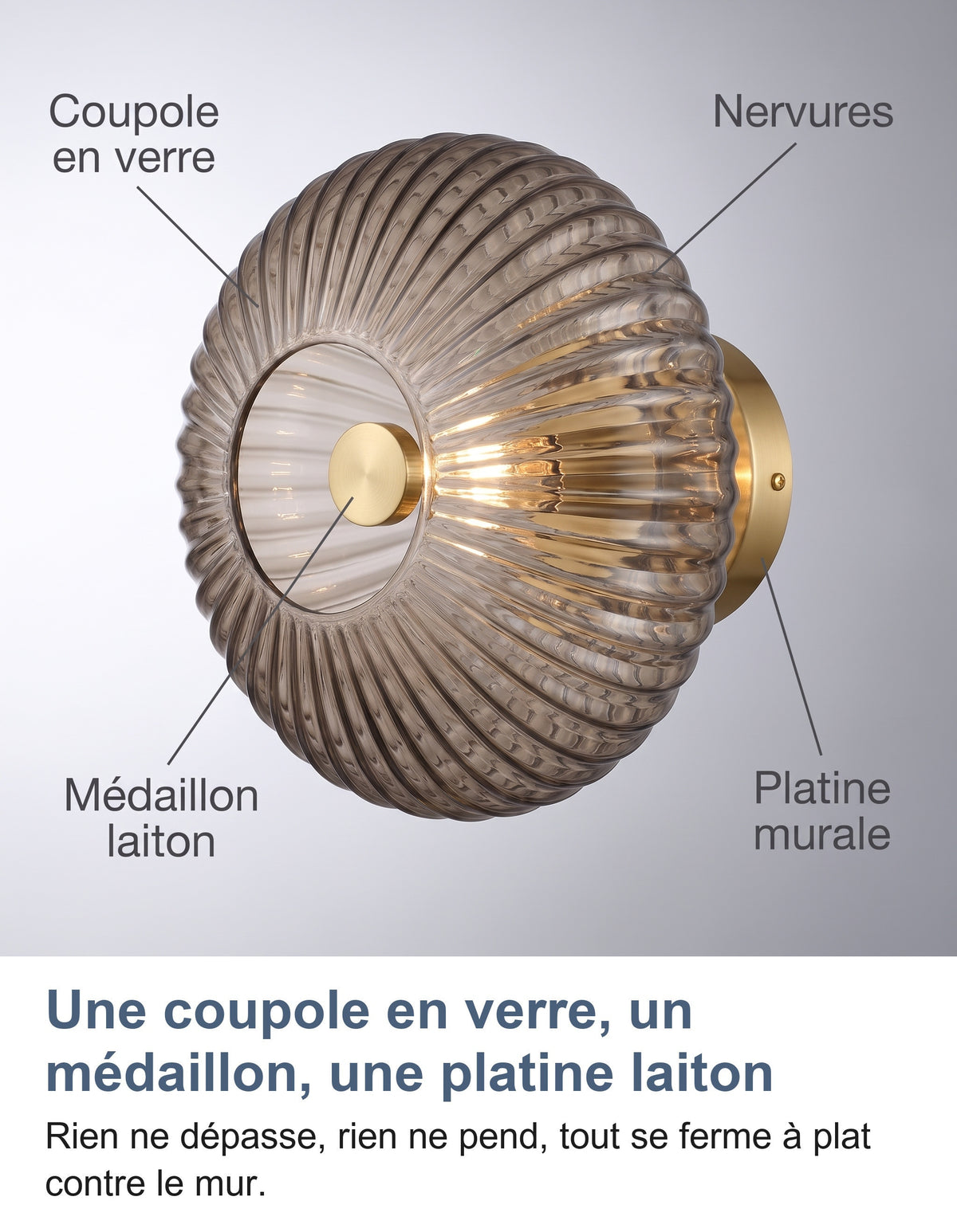 Les parties de l'applique en verre gris fumée : coupole en verre, nervures, médaillon laiton et platine murale