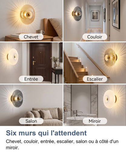 L'applique en verre dans six lieux : chevet, couloir, entrée, escalier, salon et à côté d'un miroir