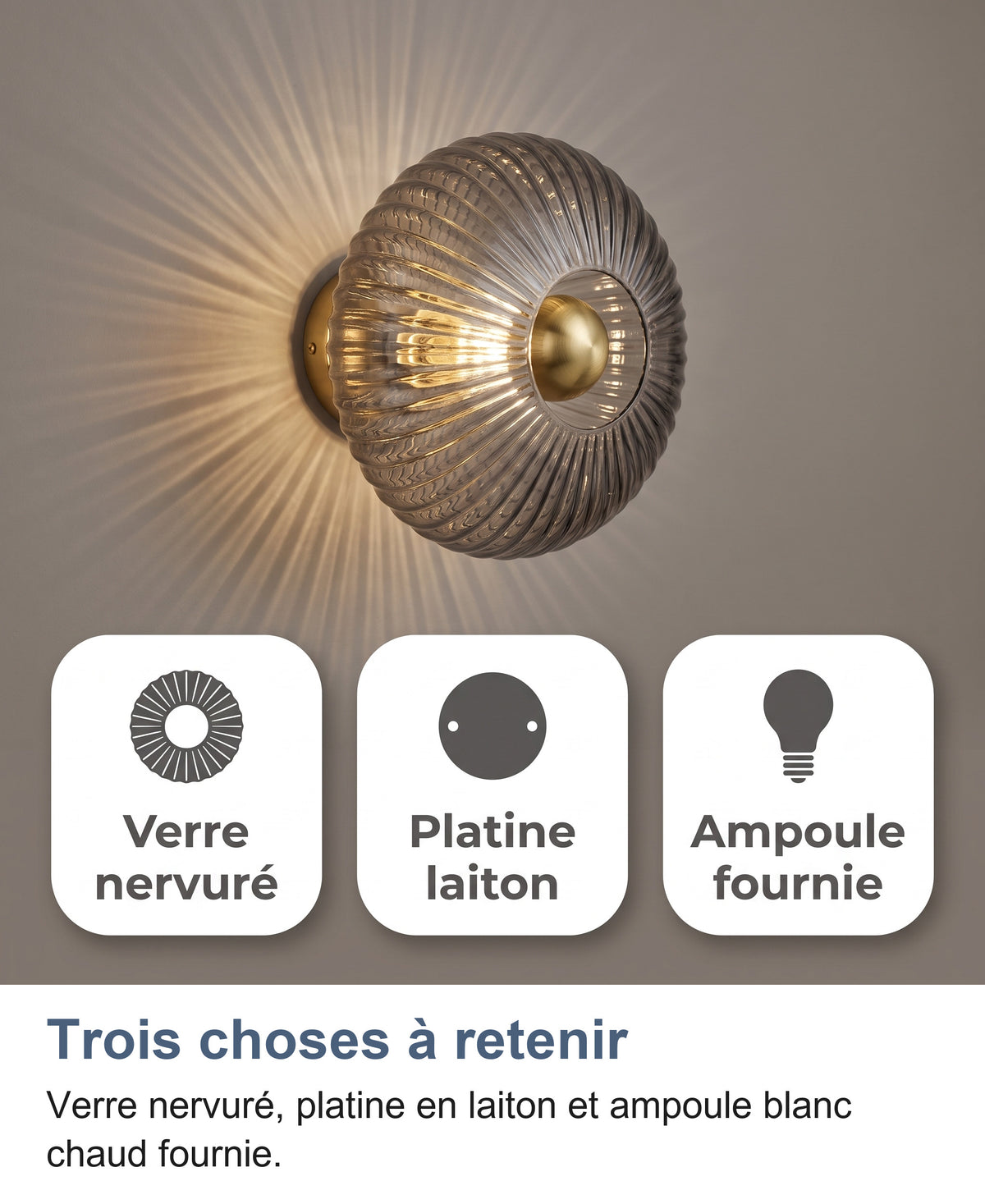 Applique en verre gris fumée et trois cartes : verre nervuré, platine laiton, ampoule fournie