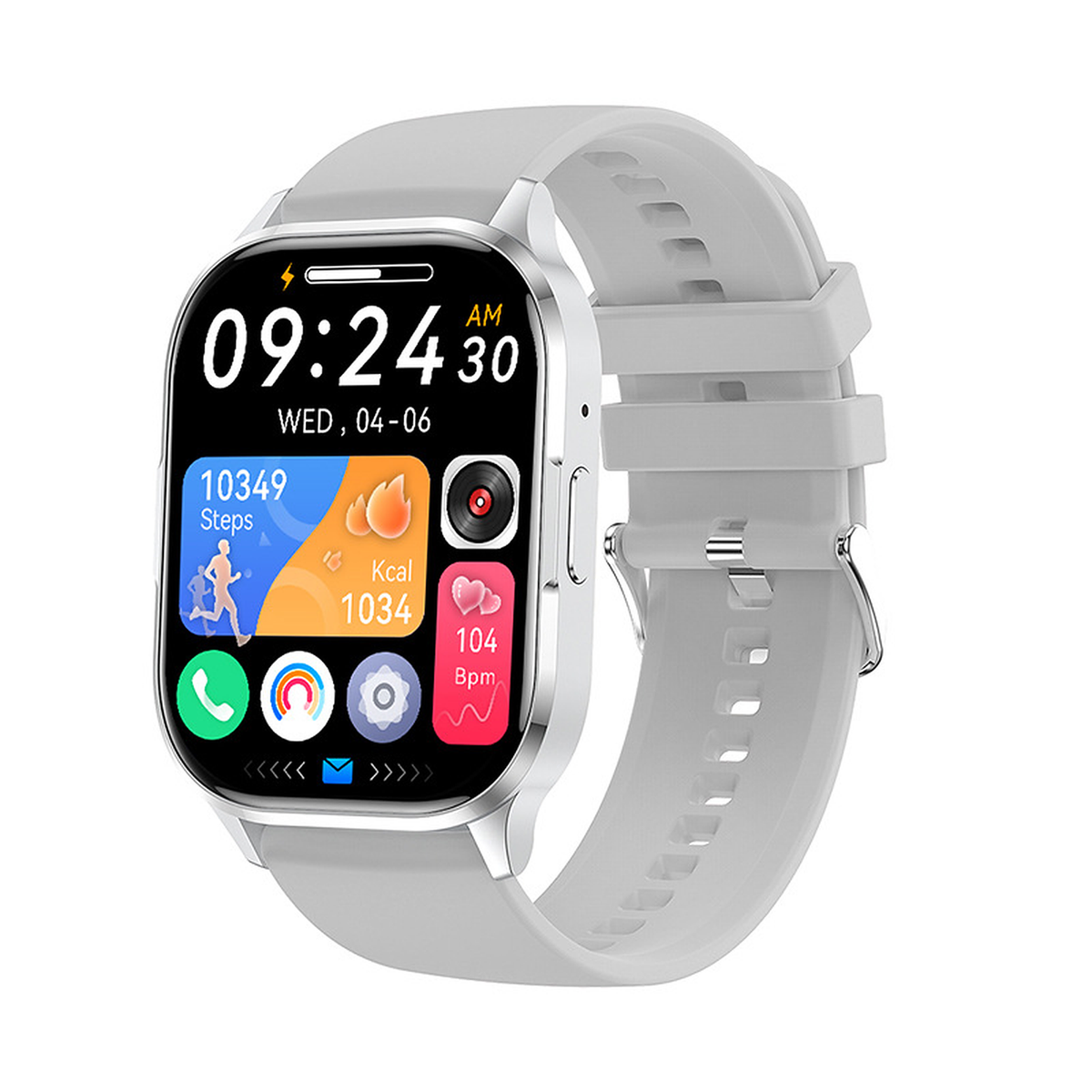 Montre connectée écran carré, appels Bluetooth, coloris argenté silicone