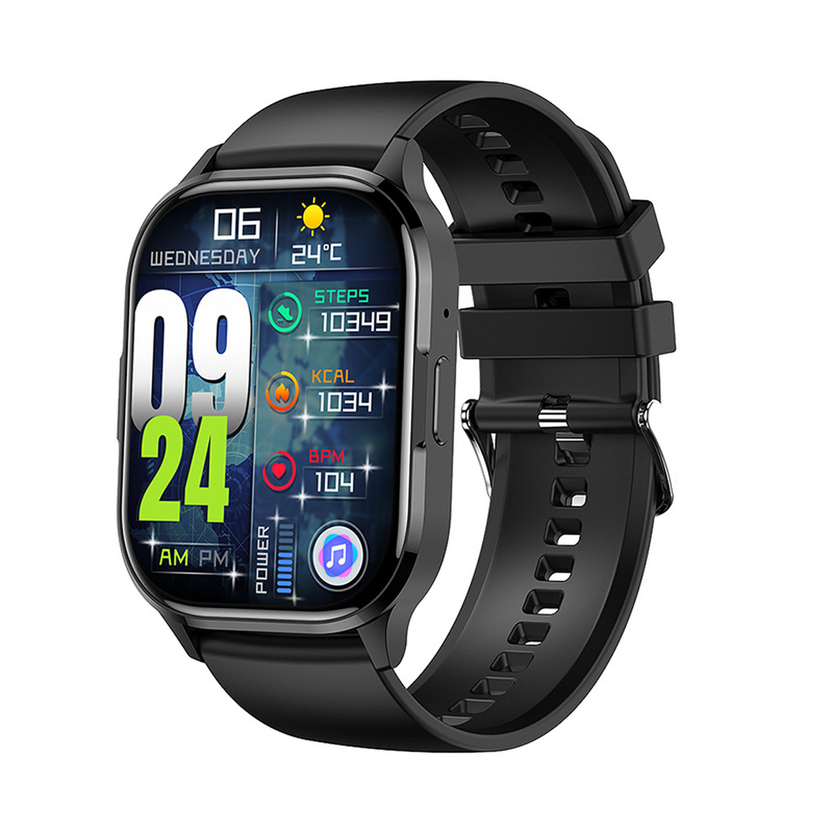Montre connectée écran carré, appels Bluetooth, coloris noir silicone