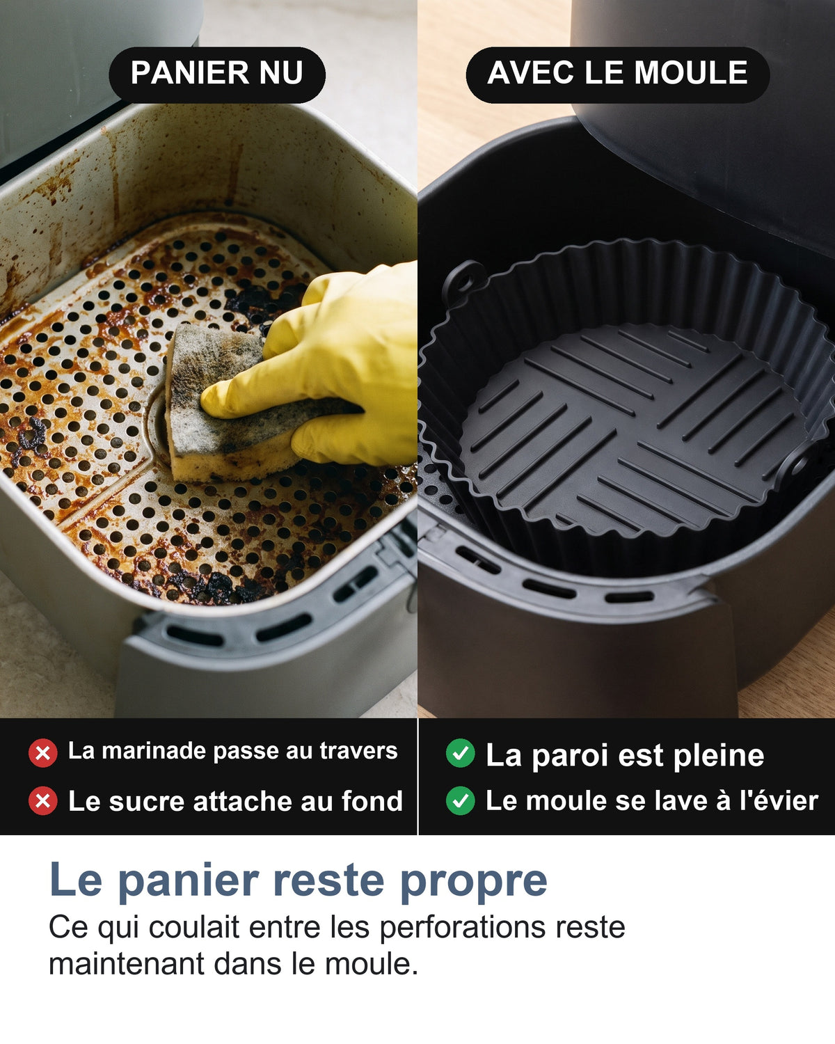 Le panier nu et encrassé, puis le même panier équipé du moule
