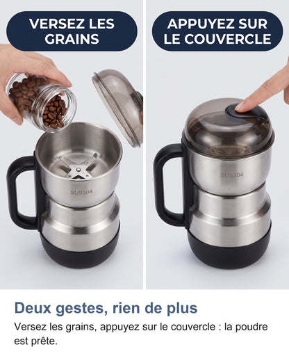 Deux étapes : verser les grains, appuyer sur le couvercle