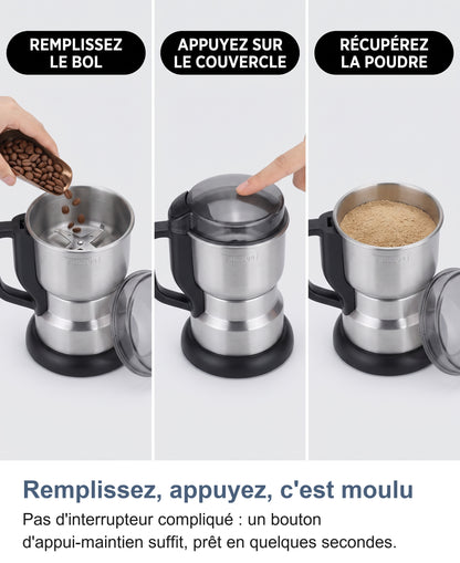 Trois étapes : remplir le bol, appuyer sur le couvercle, récupérer la poudre
