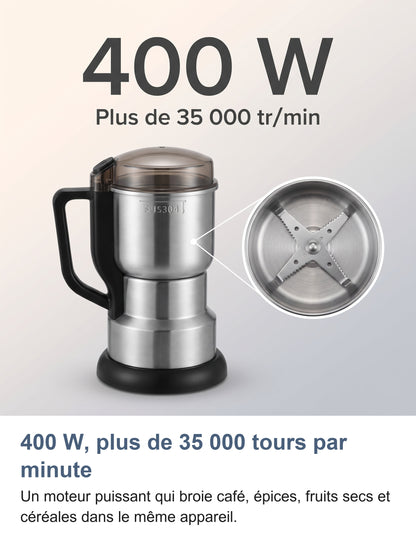 Moulin avec la mention 400 W et zoom sur la lame en croix dans le bol
