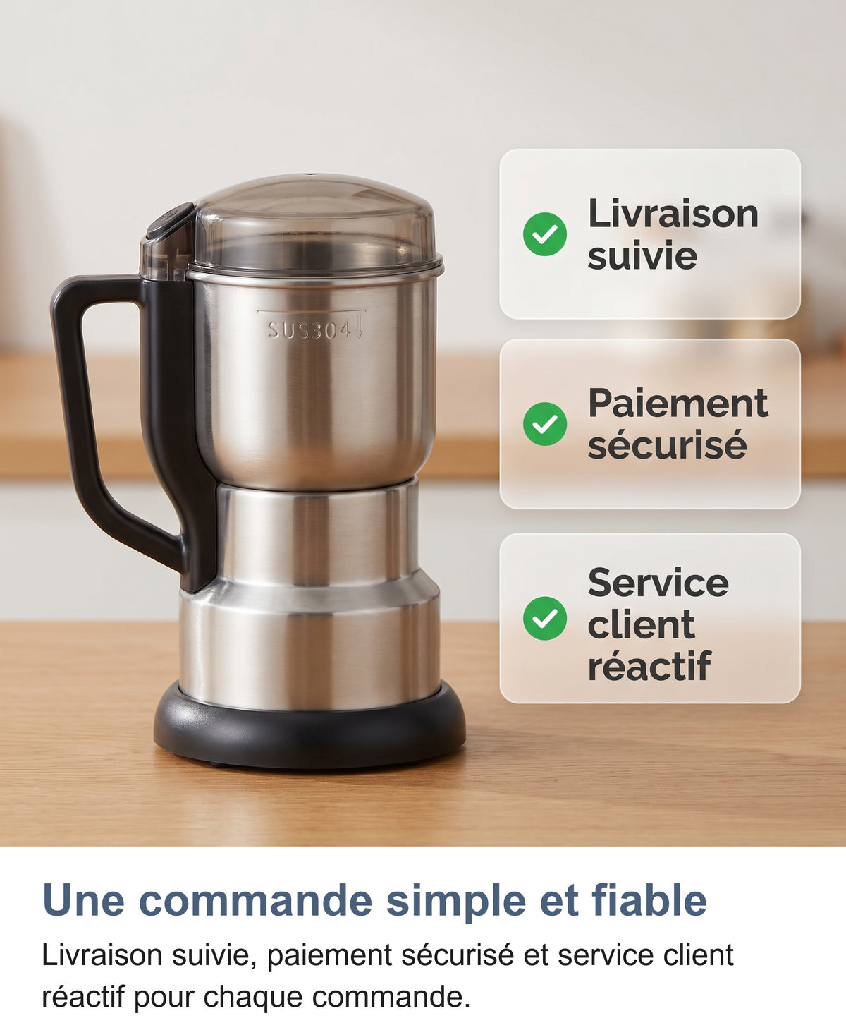 Moulin à café avec trois garanties : livraison suivie, paiement sécurisé, service client