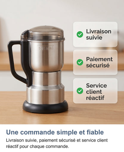 Moulin à café avec trois garanties : livraison suivie, paiement sécurisé, service client