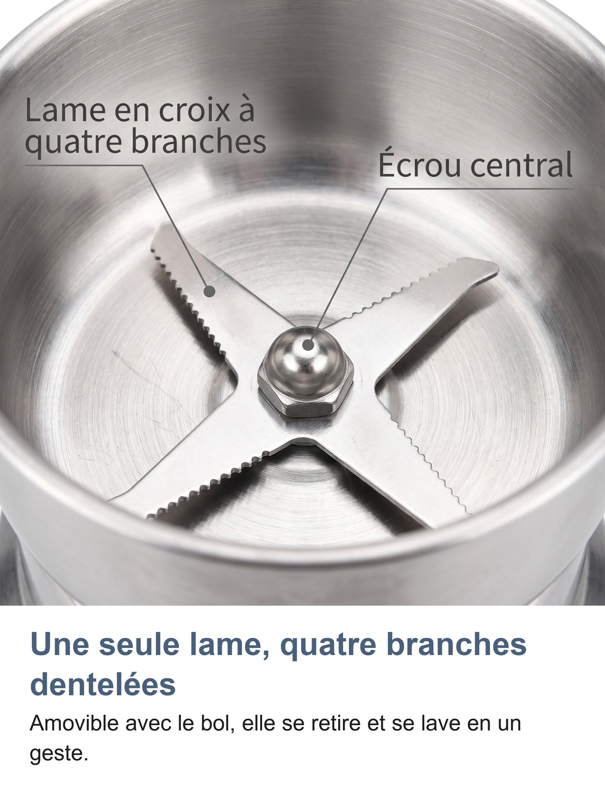 Macro de la lame en croix à quatre branches dentelées et son écrou central