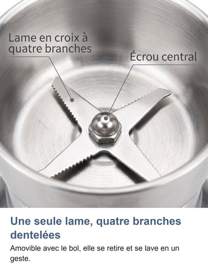 Macro de la lame en croix à quatre branches dentelées et son écrou central