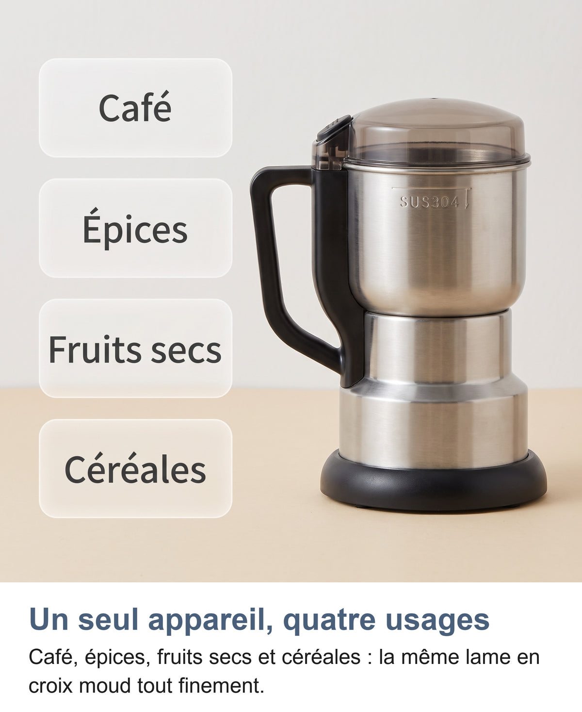 Quatre usages du moulin : café, épices, fruits secs, céréales