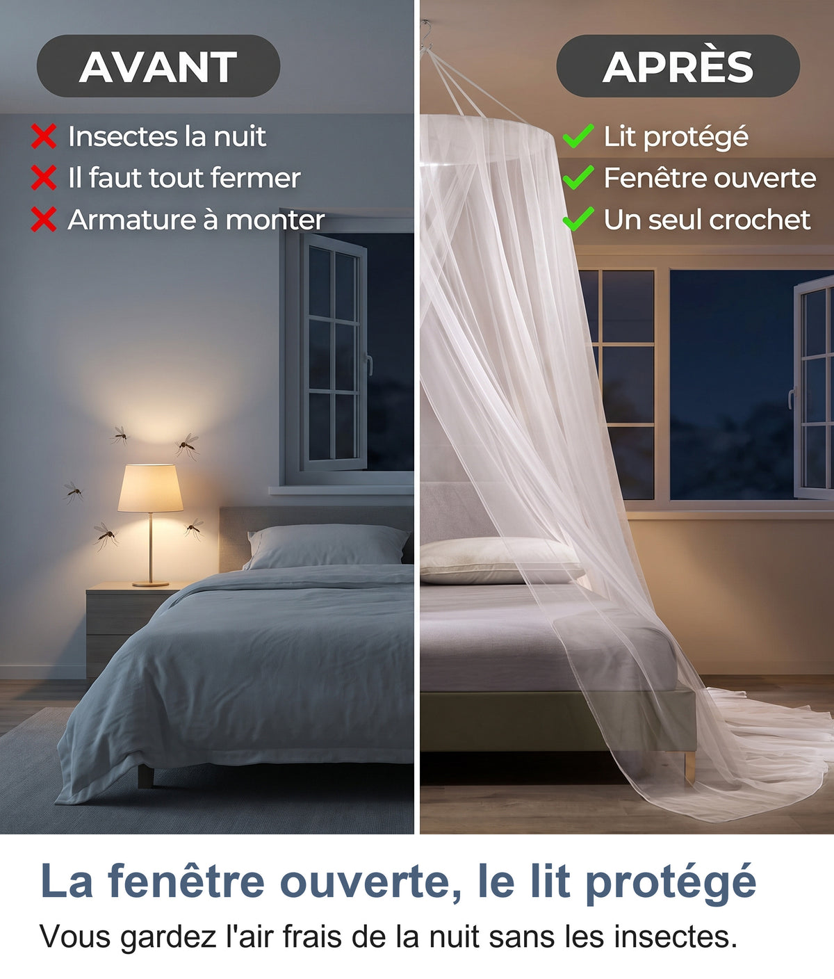 Avant, un lit exposé aux insectes, après, le lit protégé par la moustiquaire