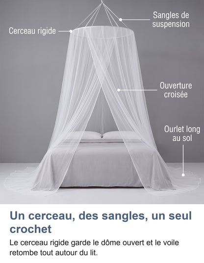 Moustiquaire légendée : cerceau rigide, sangles de suspension, ouverture croisée et ourlet long au sol