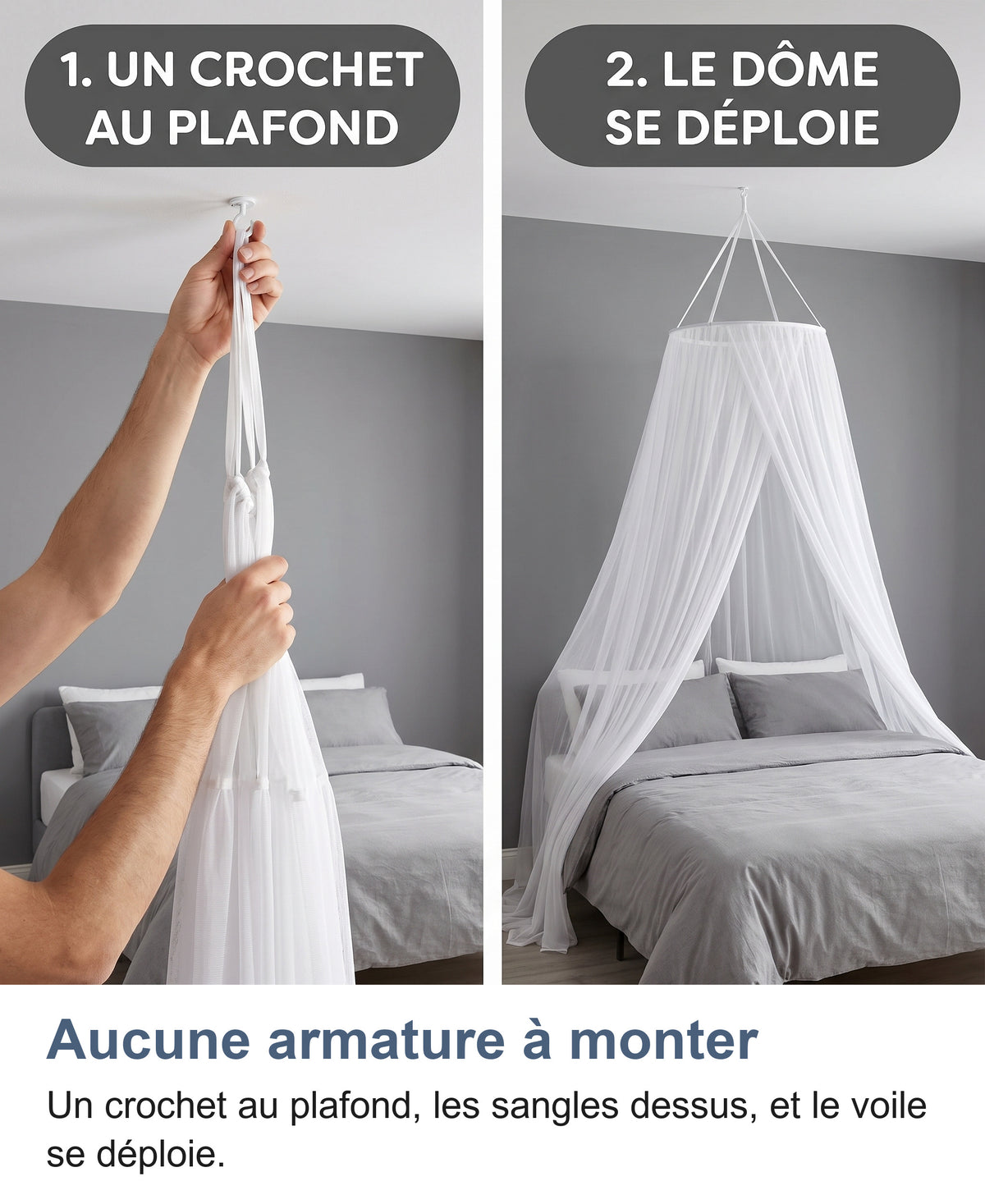 Installation en deux étapes : un crochet au plafond, puis le dôme se déploie