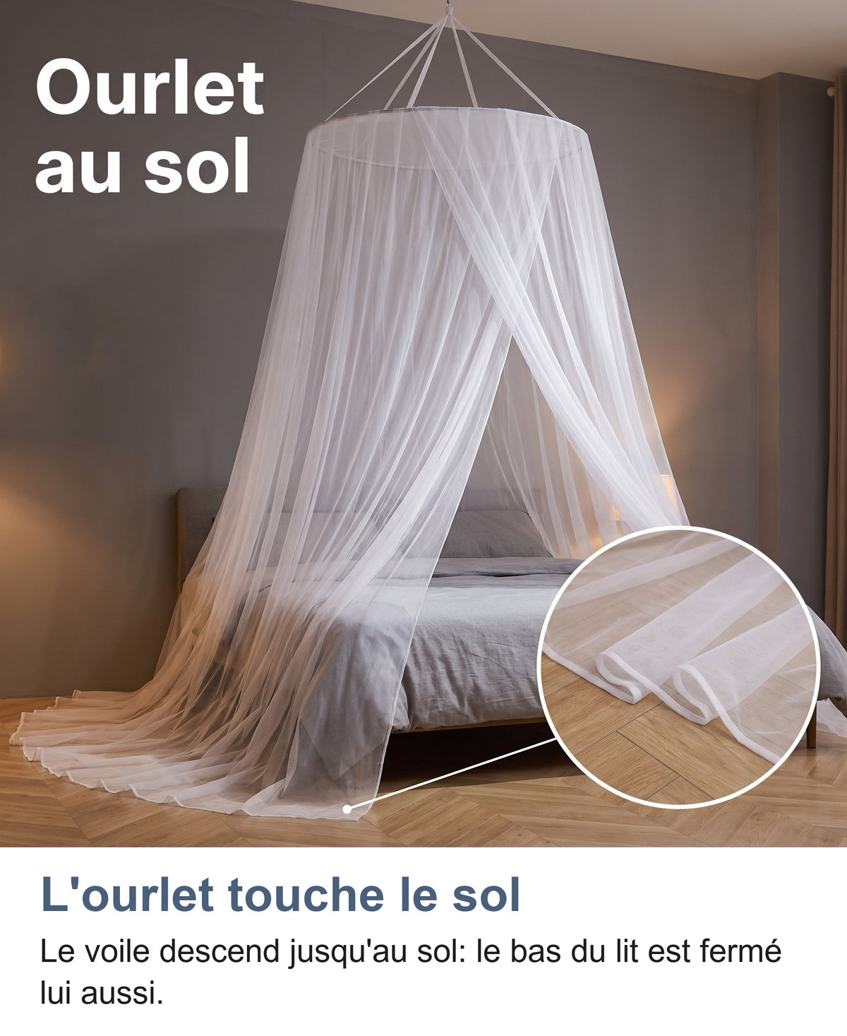 Ourlet de la moustiquaire étalé sur le parquet, zoom sur le bord fini