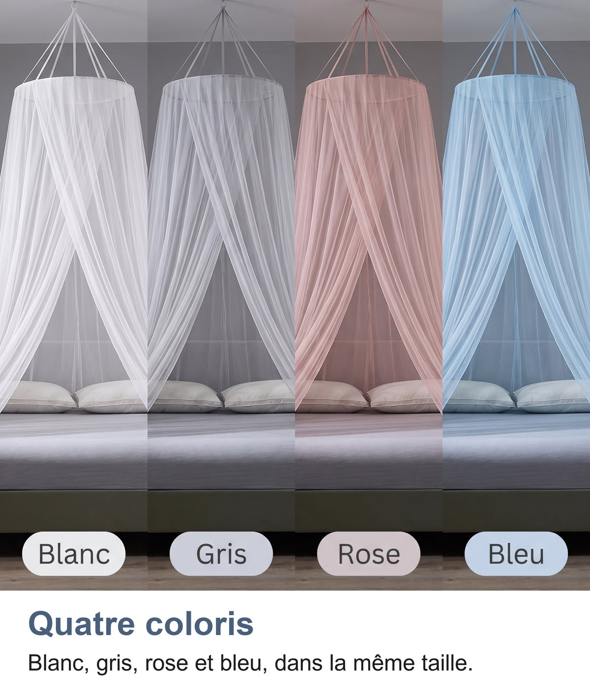 Les quatre coloris de la moustiquaire : blanc, gris, rose et bleu