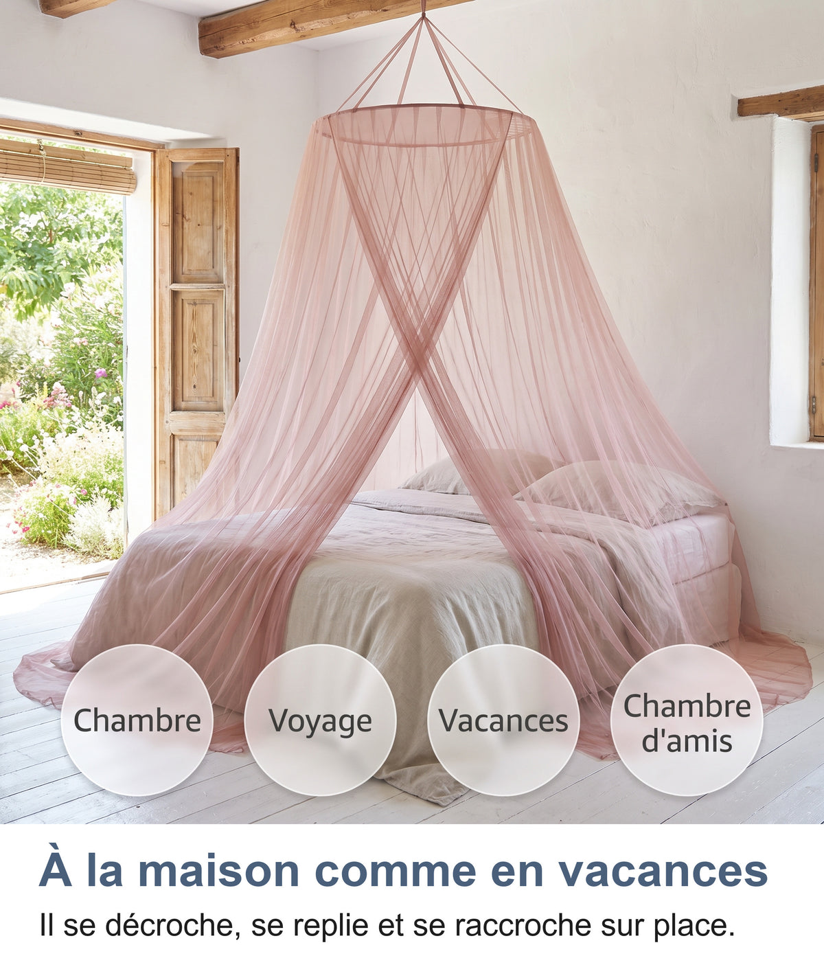 Moustiquaire rose dans une chambre de vacances : chambre, voyage, vacances, chambre d'amis