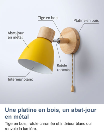 Les parties de l'applique murale jaune : platine en bois, tige en bois, rotule chromée, abat-jour en métal et intérieur blanc