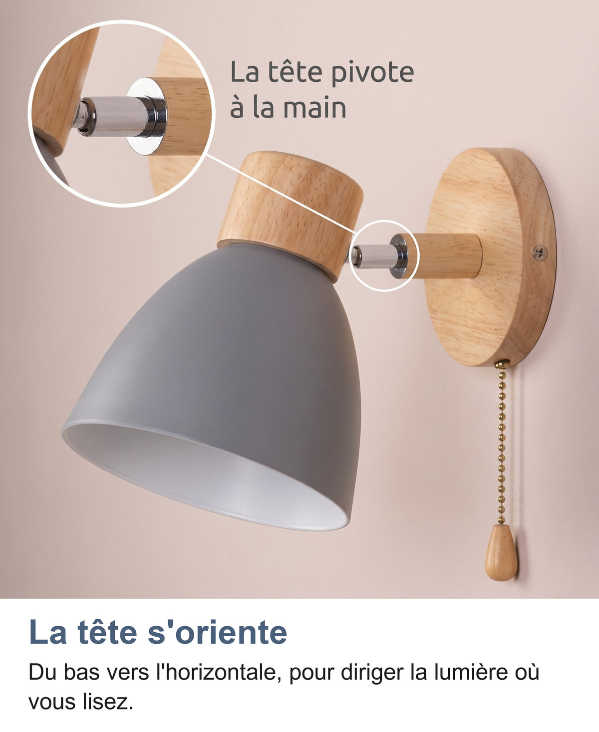 Applique murale grise avec zoom sur la rotule chromée : la tête s'oriente du bas vers l'horizontale
