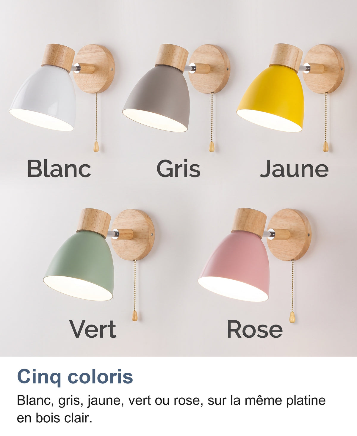Les cinq coloris de l'applique murale : blanc, gris, jaune, vert et rose