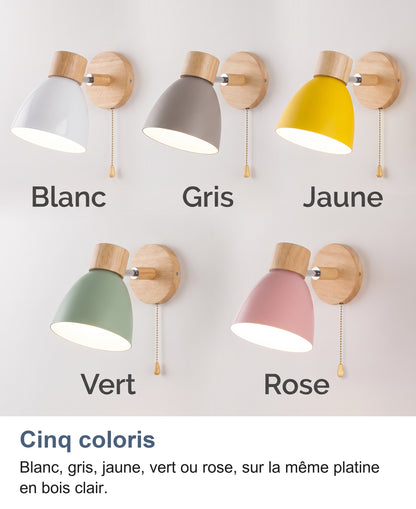 Les cinq coloris de l'applique murale : blanc, gris, jaune, vert et rose