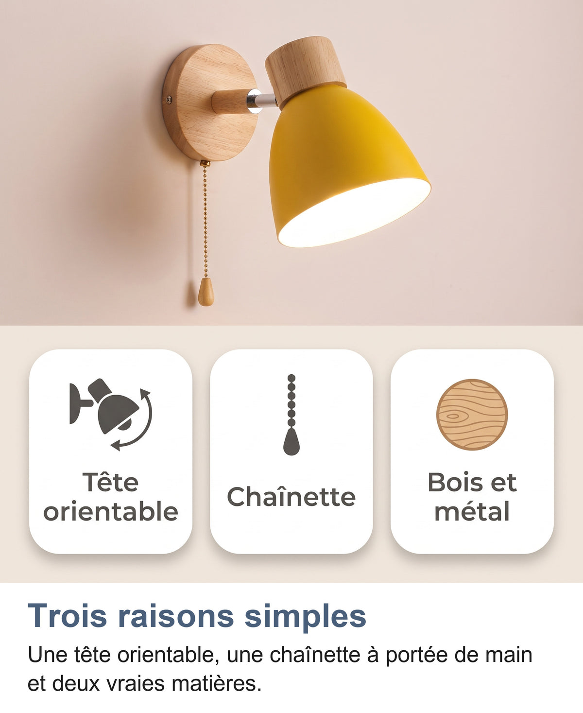 Applique murale jaune et trois cartes : tête orientable, chaînette, bois et métal