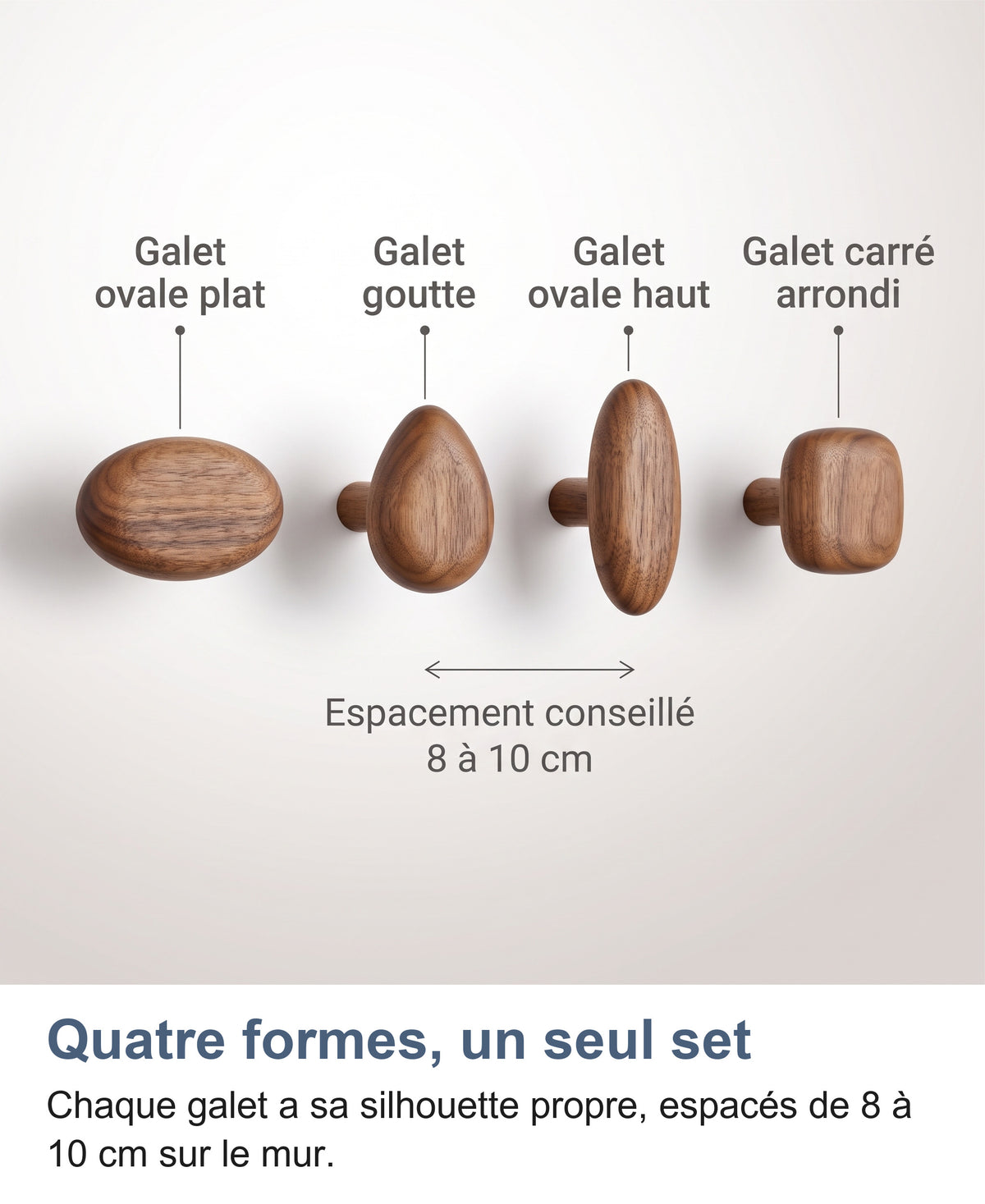 Les 4 formes et tailles du set de patères, avec espacement conseillé de 8 à 10 cm