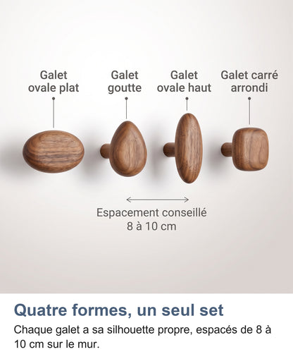 Les 4 formes et tailles du set de patères, avec espacement conseillé de 8 à 10 cm