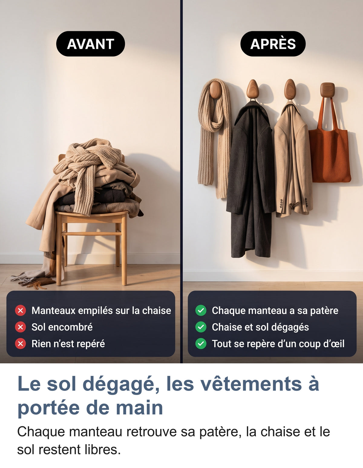 Manteaux empilés sur une chaise avant/après avec quatre patères murales OakPebble, chaque manteau accroché à sa propre patère