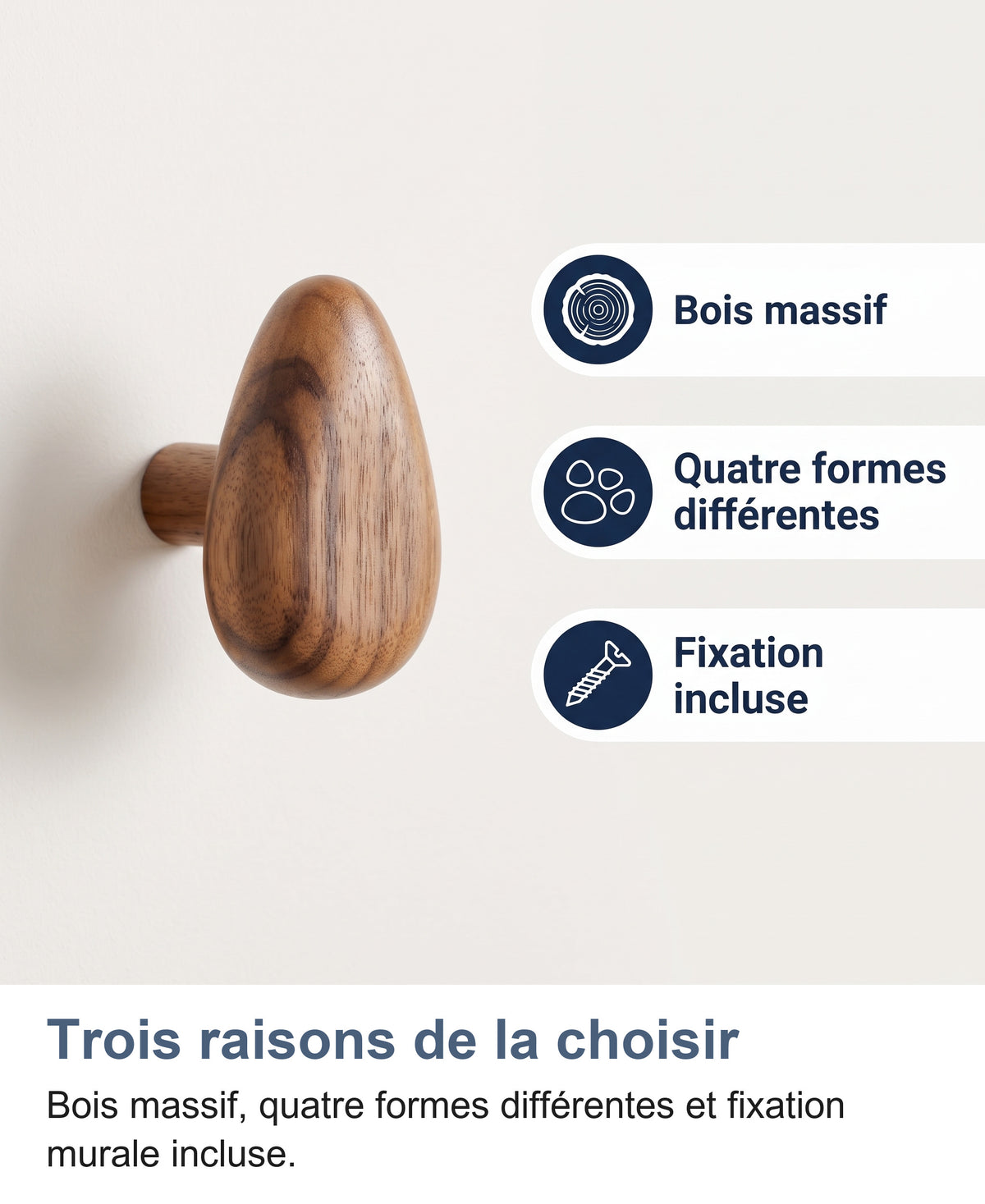 Trois raisons de choisir les patères OakPebble : bois massif, 4 formes, pose immédiate