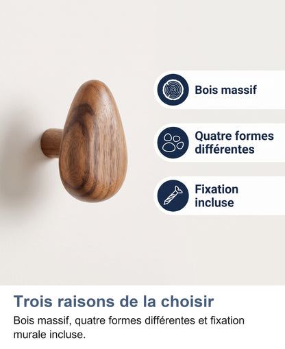 Trois raisons de choisir les patères OakPebble : bois massif, 4 formes, pose immédiate