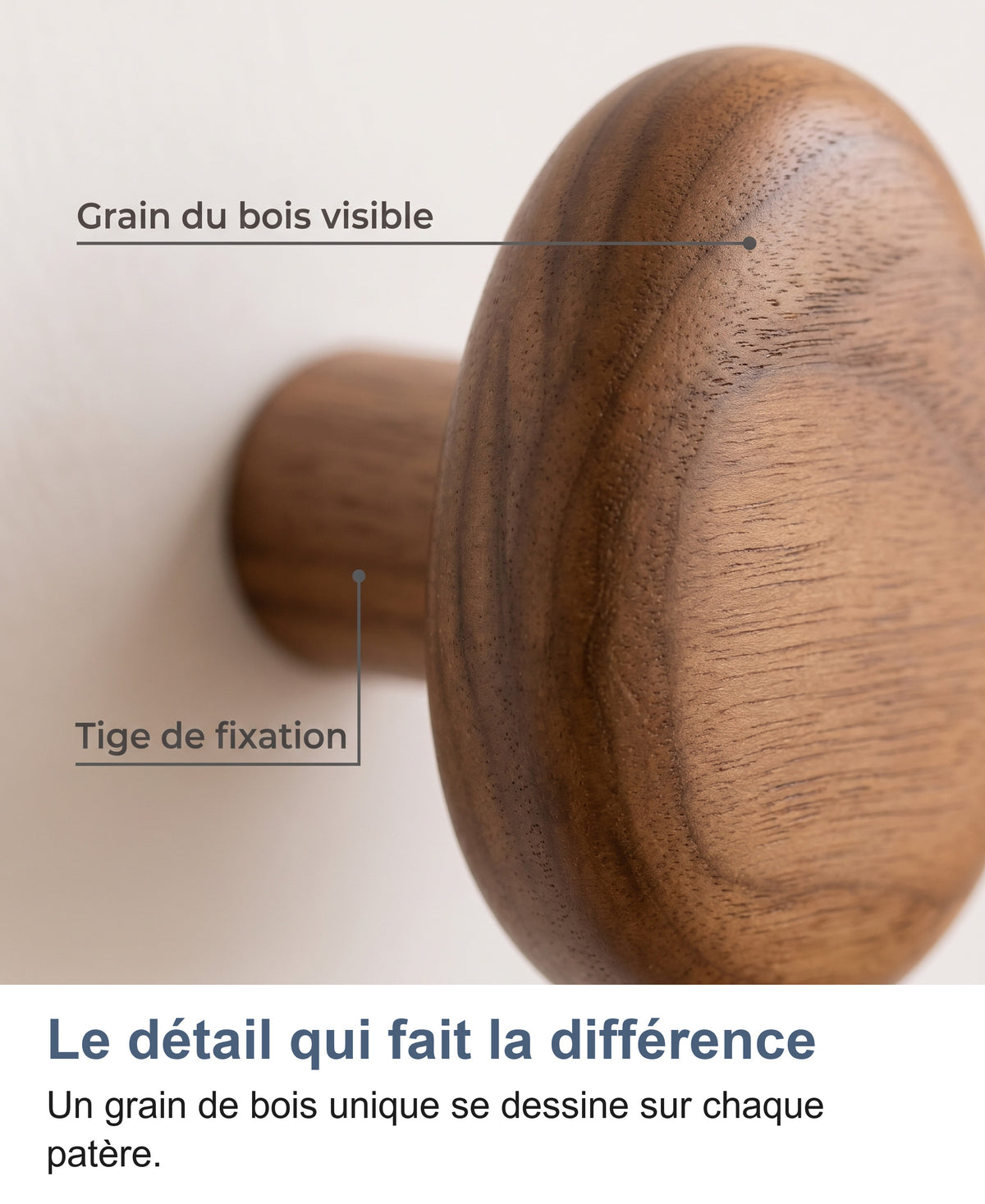 Gros plan sur la jonction entre le galet en bois et sa base murale, grain visible