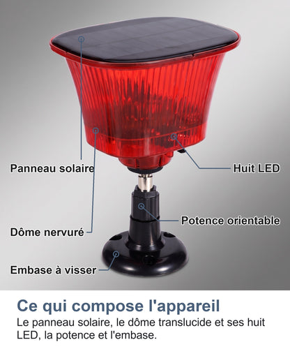 Ce qui compose l'appareil Le panneau solaire, le dôme translucide et ses huit LED, la potence et l'embase.