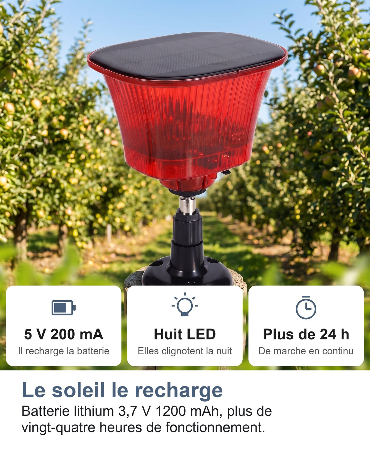 Le soleil le recharge Batterie lithium 3,7 V 1200 mAh, plus de vingt-quatre heures de fonctionnement.