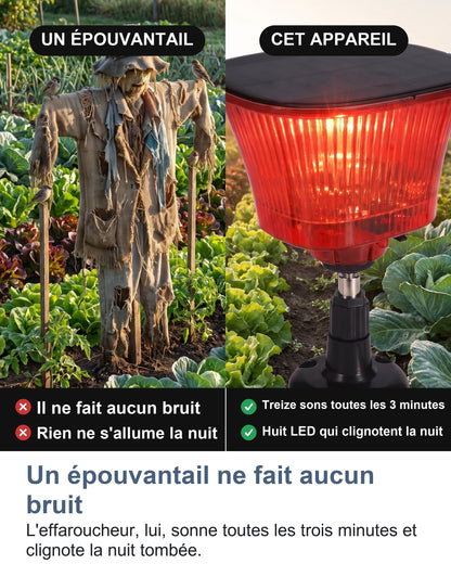 Un épouvantail ne fait aucun bruit L'effaroucheur, lui, sonne toutes les trois minutes et clignote la nuit tombée.